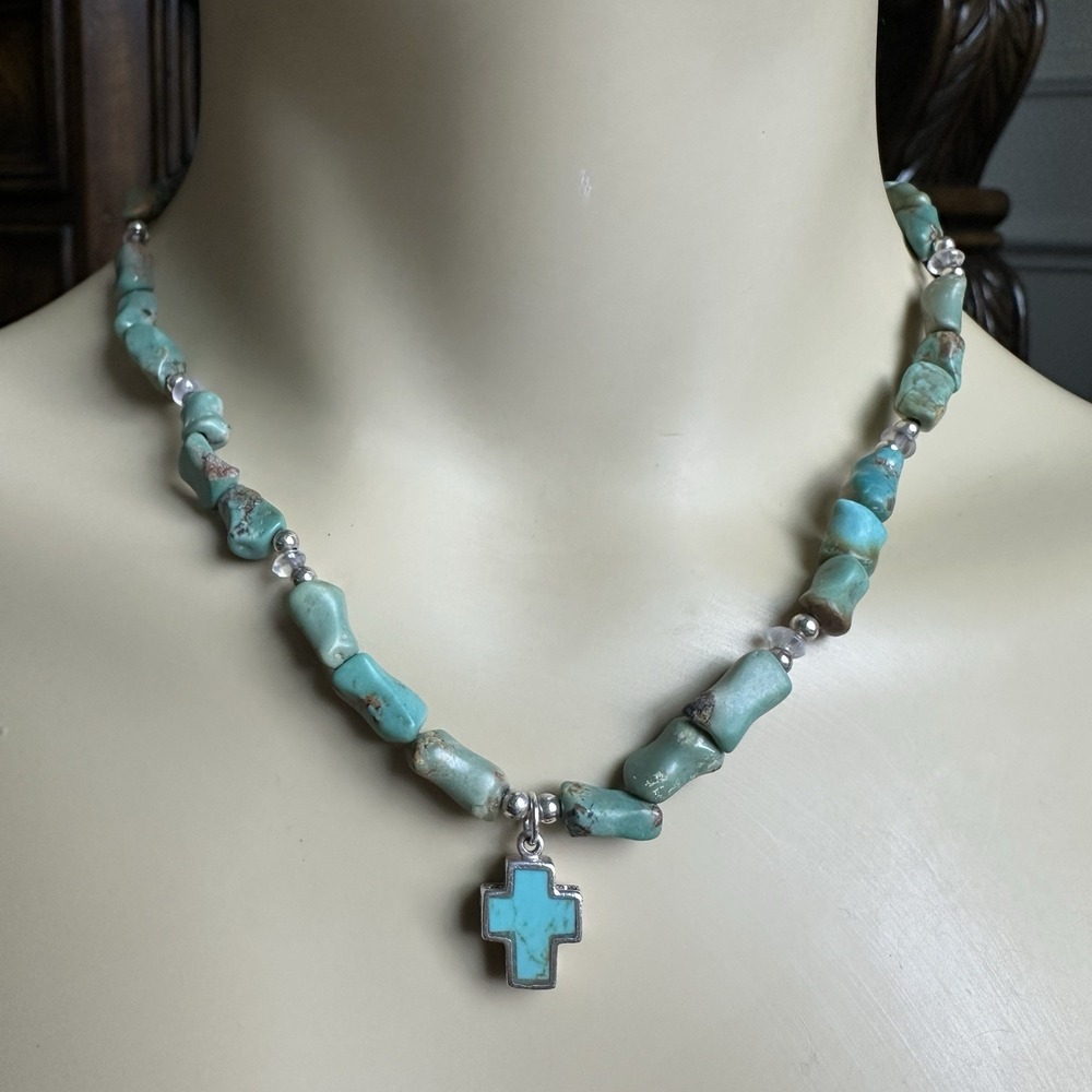 Artisan Pendant Necklace 16 Inch Cross Turquoise Quartz Beads 925 Sterling 18.5g